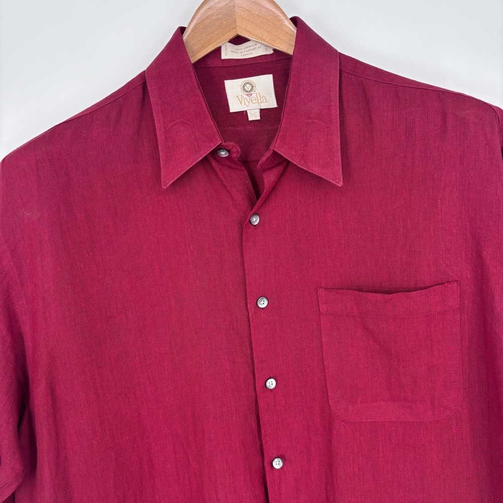VTG Viyella 100% Linen Short Sleeve Shirt Mens L Burgundy Summer Vacation Retro